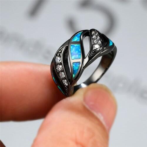 Geometry Blue Fire Opal Engagement Ring Boho Female Small White Stone Ring Vintage 14KT Black Gold Cross Wedding Rings For Women
