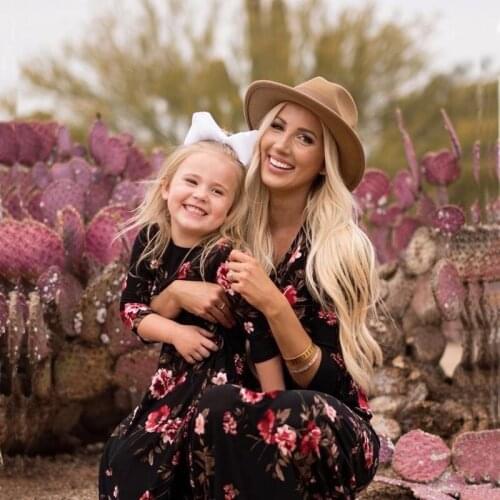 Spring Autumn Mother and Daughter Dresses Women Girls Maxi Long Dress Long Sleeve Floral Family Look Family Matching Outfits