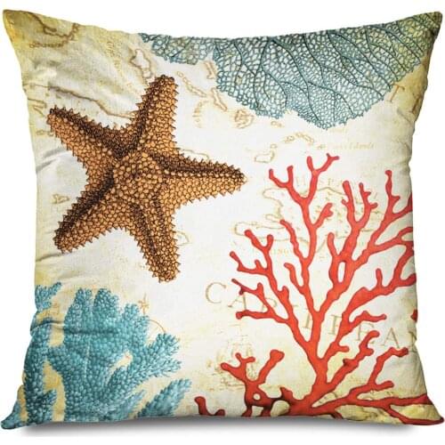 Vintage Throw Pillowcase Starfish Coral Retro Map Square Pillowcases Cushion Cover for Sofa Couch Bed and Car 20x20 Inches