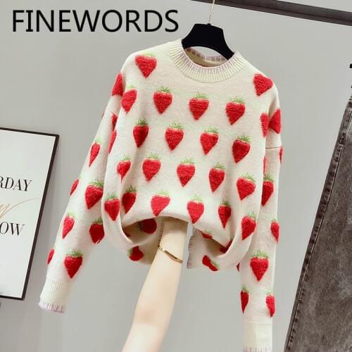 FINEWORDS Strawberry Embroidery Knitted Sweater Korean Vintage Kawaii Harajuku Sweater Janpanese Pullovers Winter Tops For Women