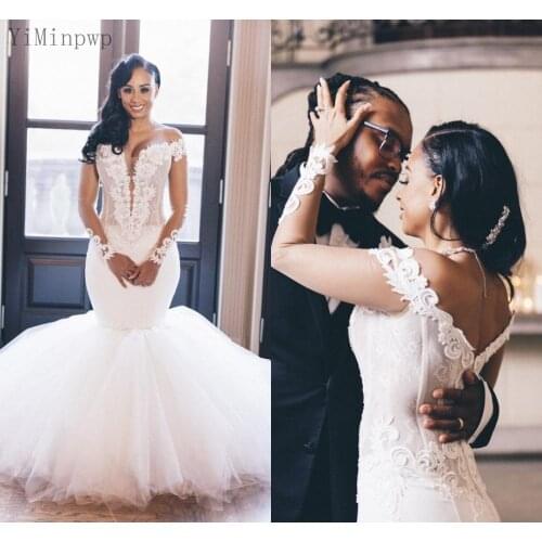 YiMinpwp Gorgeous Mermaid Wedding Dresses Off Shoulder Long Sleeve Sweep Train Appliques Lace Bridal Gowns vestidos de novia