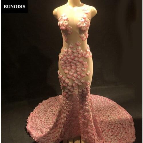 ZD270 Women Sexy Long Skirt Net Yarn Full Of Pink Petals Sleeveless Prom Banquet Nightclub Birthday Party Singer Stage Wear