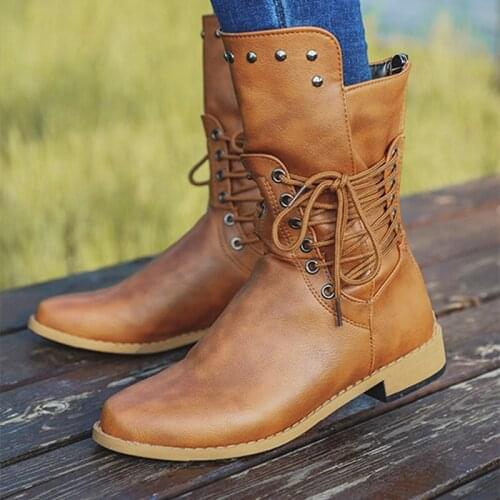 Womens Boots Mid-calf Rivet Lace Up Plus Size Female Short Plush Shoes Winter PU Leather Mid Heels Zip Non Slip Ladies Footwear