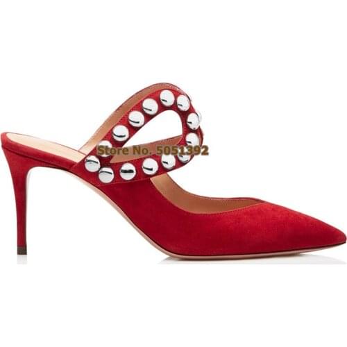 Women High Thin Heel Pointed Toe Suede Rivets Summer Slippers Metal Decoration Banquet Shoes Mules Plus Size
