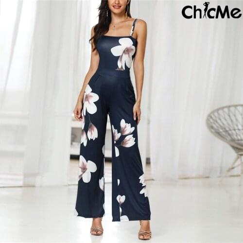 Chicme Women Floral Spaghetti Strap Back Knotted Wide Leg Jumpsuit Flower Print Sexy Backless Femme Squire Neck Rompers Casual