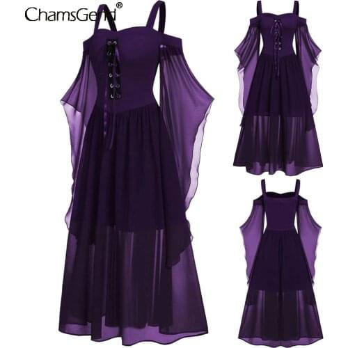 Gothic Medieval Dress Cosplay Carnival Dresses Women Cold Shoulder Butterfly Sleeve Lace Up Halloween Dress Robe Femme 2021