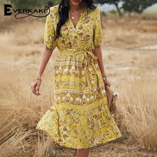 Everkaki Flower Print Midi Dresses Women Summer Beach Bohemian Plus Size with Sashes Party Boho Long Dress Female 2021 Clothing