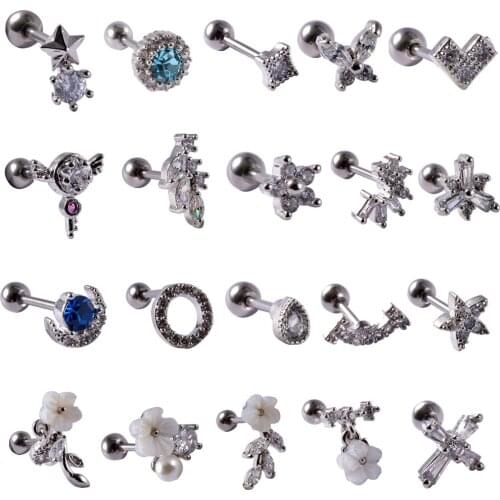 1PC Steel Ear Tragus Cartilage Piercing Zircon Flower Ear Cartilage Earring Conch Tragus Stud Helix Cartilage Piercing 0.8mm
