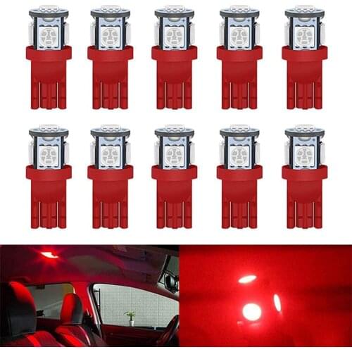 10pcs 194 T10 W5W 168 2825 5 SMD Red LED Light Car Interior and Exterior Courtesy-License Plate Dashboard Side Marker Light 12V