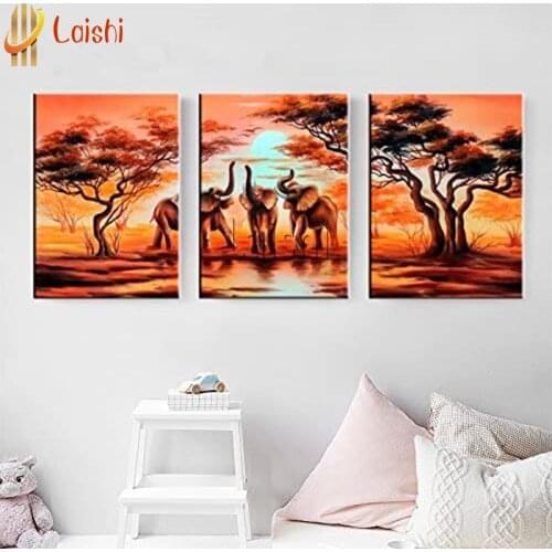 3pcs diy Diamond Painting Elephants frolicking at sunset Diamond Embroidery Full square round drilling 5d Diamond Mosaic kits