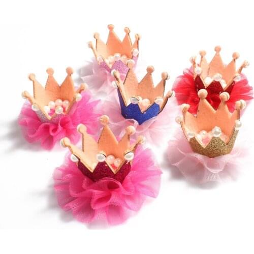 30pcs/lot 6colors Newborn 3D Felt Kids Crown+Mesh Flower For Girls Hair Accessories Glitter Felt Crown For First Birthday Hat