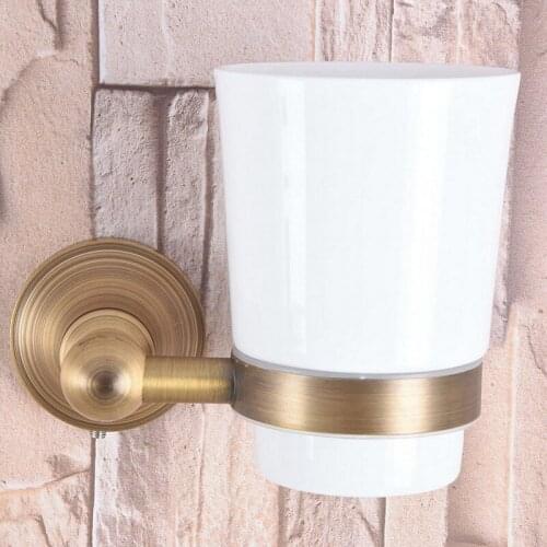 Antique Brass Single Toothbrush Holder With Ceramic Cup Wall Mounted Bathroom Accessories aba164