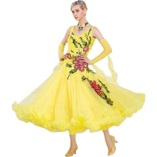 B-16187 New ballroom dance competition dresses for women standard waltz smooth modern dress long sleeve dress with yellow color