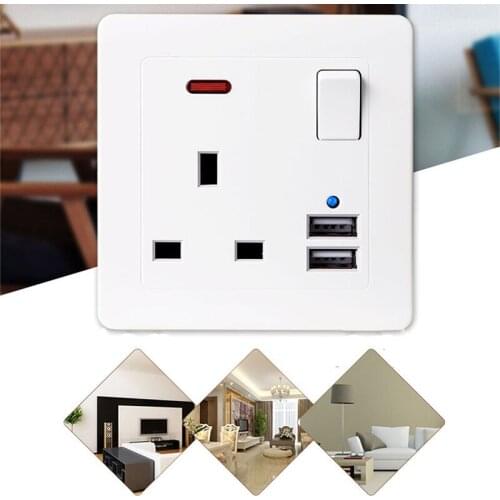 White Single Wall Plug Socket 1 Gang 13A with 2 USB Charger Port Electrical Sockets Power Saving for Homes Offices Work Places