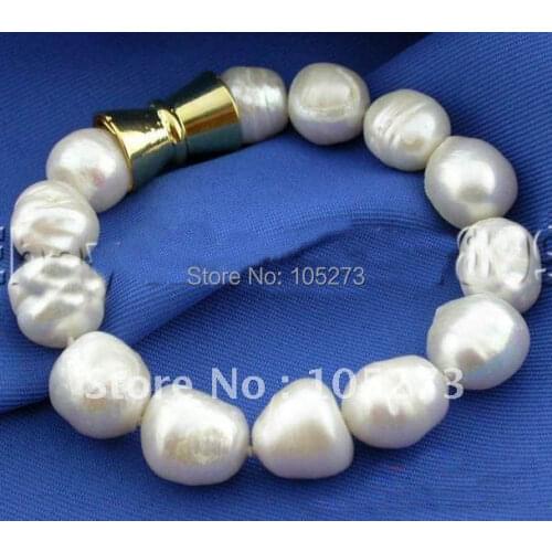 8'inchs AA 9-14MM White Color Baroque Shaper Freshwater Pearl Bracelet Yellow Color Magnet Clasp Wholesale Free Shipping FN1953