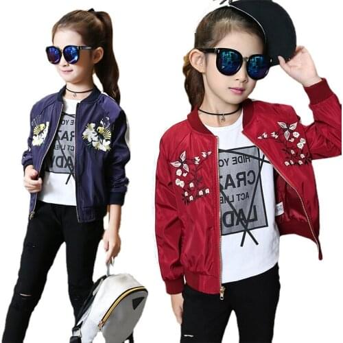 Childrens Jacket Coat for Girl Autumn Fashion Floral Embroidery Baseball Uniform Tops Teens Zipper Cardigans Outerwear