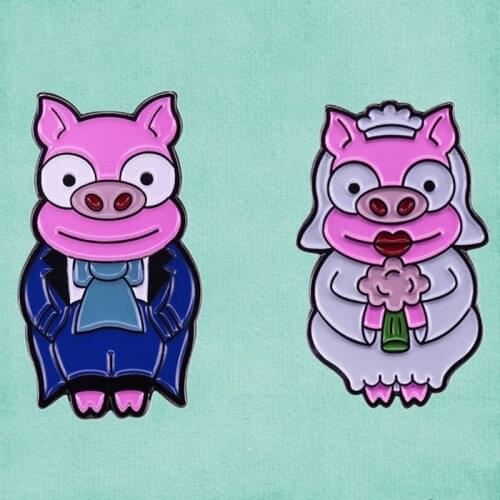 Homer Lisas Wedding Piggy Pig Groom bride Enamel Pin cute animal gift brooch jewelry