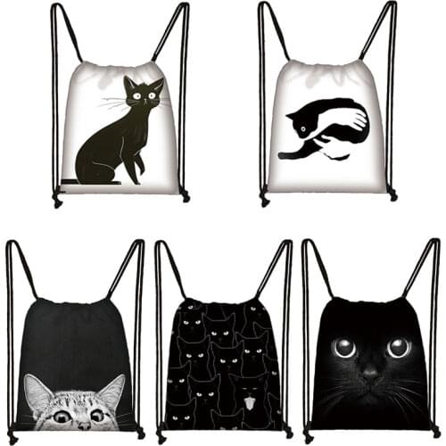 Black Cat Canvas Drawstring Bag Printed Eco-friendly New Youth Handbags Daily Shopping Reusable Casual Backpack