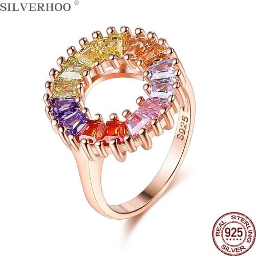 SILVERHOO 925 Sterling Silver Rainbow Rings For Women Authentic Wedding Ring Colorful Cubic Zirconia Circle Setting Fine Jewelry