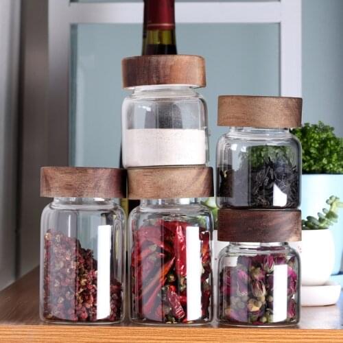 Wood Lid Glass Airtight Canister Kitchen Storage Bottles Jars Food Container Grains Tea Coffee Beans Grains Containers