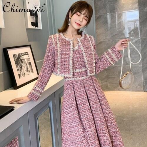 Fashion Elegant Outfit Womens 2021 Autumn/Winter Bright Silk Tweed Ribbon Matching Dress Long Sleeve Coat 2-Piece Set Feminine