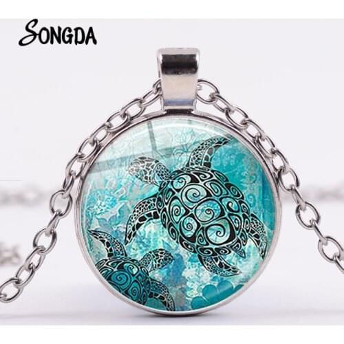 Sea Turtle Necklace Blue Ocean Dolphin Starfish Photo Cabochon Gem Pendant Silver Color Chain Hawaii Surfer Souvenir Gift