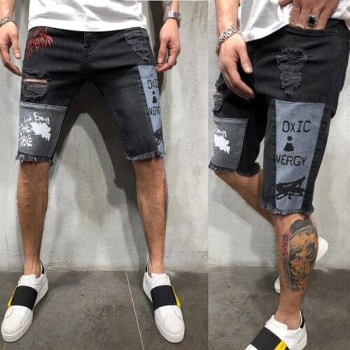 SummerJeans shorts men fashion High street Hole Ripped Denim shorts Mens Patchwork Print Hip hop jeans male