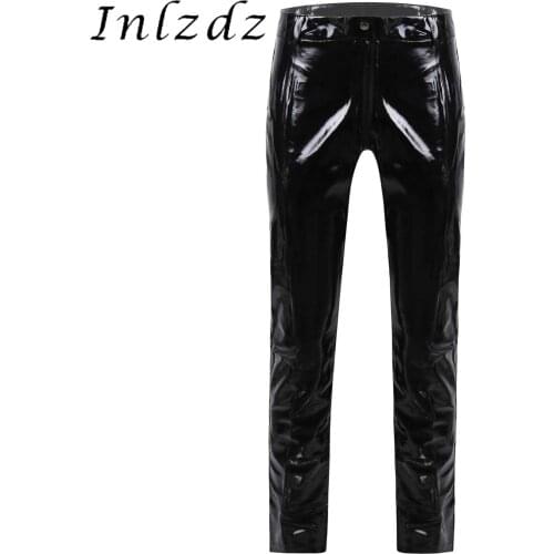 Mens Lingerie Crotchless Pants Wet Look Patent Leather Zipper Trousers Nightclub Bar Stage Performance Erotic Sexy Costumes