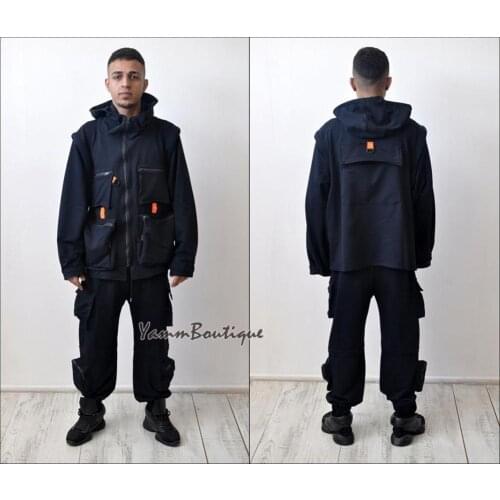 2 Pieces Navy Cotton Sets Men Fashion Detachable Cargo Waistcoat With Pockets Jacket And Loose Fit Elastic Waist Buckle Pants Hi