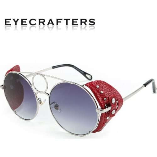 2020 New Vintage Fashion Steampunk Metal Vintage Sunglasses Men Women Round Leather Studded Sunglasses Men Glasses Shades