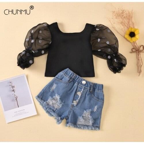 Toddler Baby Girls Clothes Summer Kids Fashion Lace Dot Print Top + Hole Jeans 2pcs Casual Outfit Sets