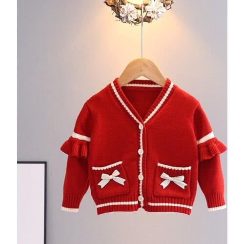 Girls autumn and winter 2021 new coats, baby girls knitted sweaters, sweet V-neck bowknot girl clothes suit cardigan jacket