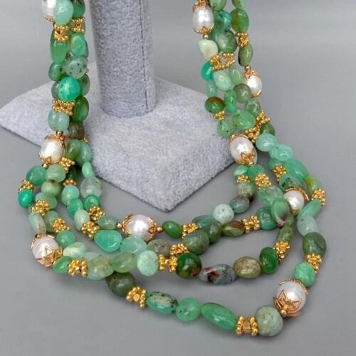 YYGEM Natural 4 Strands Green Chrysoprase freeform Cultured White Rice Pearl Necklace 21"