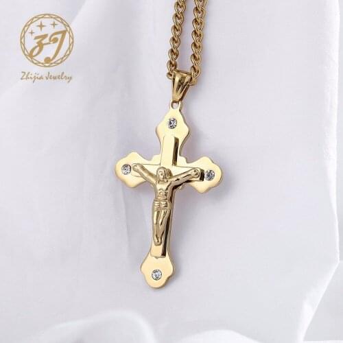 Zhijia Christian Jesus Cross Pendant Necklaces Thick Link Byzantine Chain Stainless Steel Men/Woman Jewelry Colar Gift
