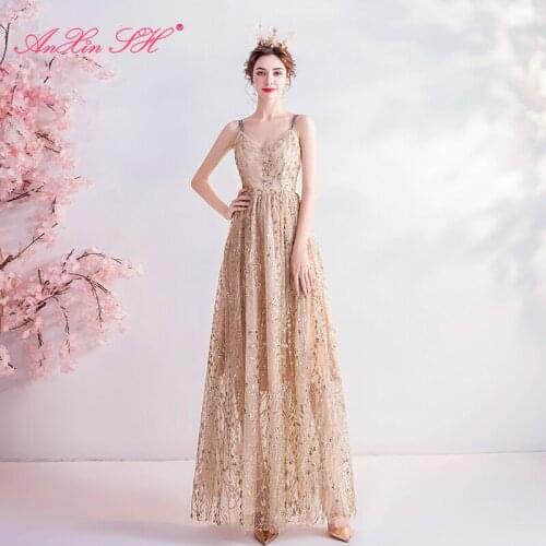 AXJFU luxury Golden lace evening dress spaghetti strap Flash Golden Bride toast birthday party banquet evening dress 1260
