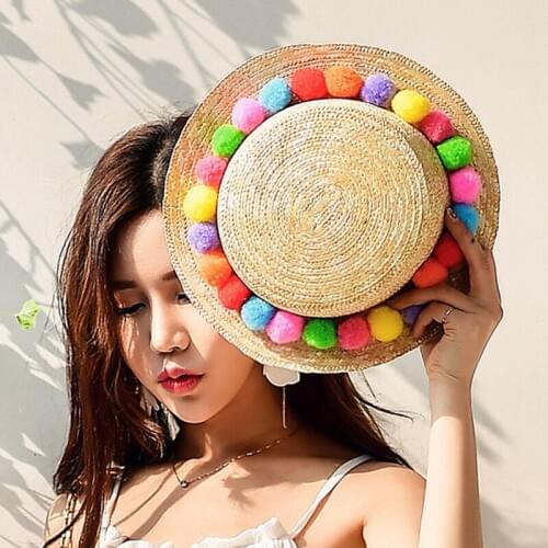 MAERSHEI women sun hat Girls casual Colorful balls hand made straw cap beach big brim hat Parent-child summer cap