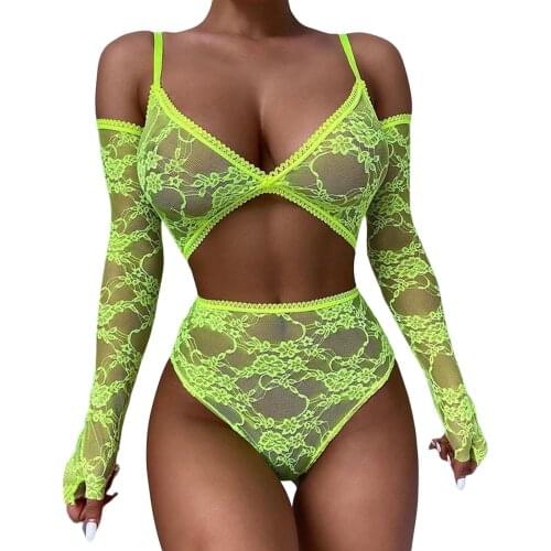 Sexy Womens Lingerie Set with Arm Sleeves Solid Color Perspective Lace Bra Panty Set Ladies Exotic Underwear Set Nightwear
