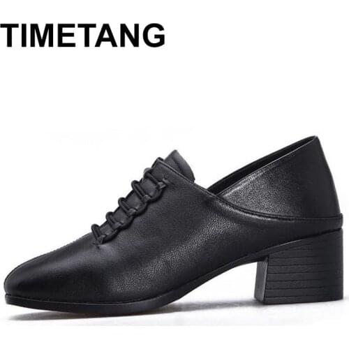 TIMETANG 2020 Women Pumps Women Shoes Classic Black Genuine Leather Chunky Heel Shoes Dress Heels Office Shoes Woman