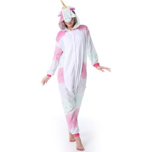 Unisex All in One Winter Warm Pyjamas Cartoon Unicorn Onesie One Piece Pijama Hooded Sleepwear Women Men Animal Pajamas Homewear