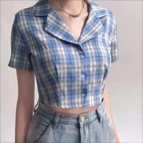 Women Summer Plaid short sleeve button up shirt ladies tops Slim Casual Korean Fashion Crop Top Female Y2k Blouse Streetwear