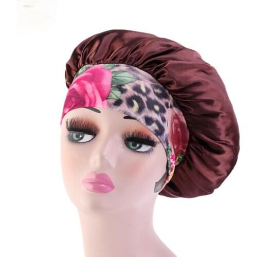 Satin Silky Bonnet Sleep Cap with Print Wide Elastic Band For Women Solid Color Head Wrap Brimmed Nightcap Night Hat