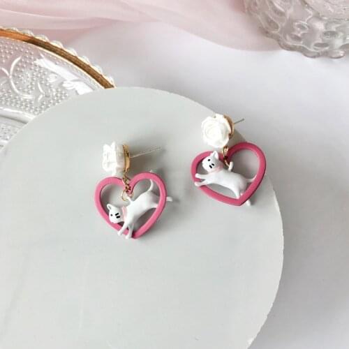 S925 Needle Cute animal bunny cat rabbit kitty fresh beautiful flower heart metal earrings for women jewelry