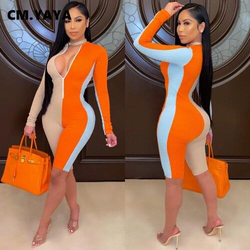 CM.YAYA Women Playsuit Patchwork Stand Collar Full Sleeve Zip Sheath Elastic Bodycon Playsuits Female Tracksuit Summer Outfit