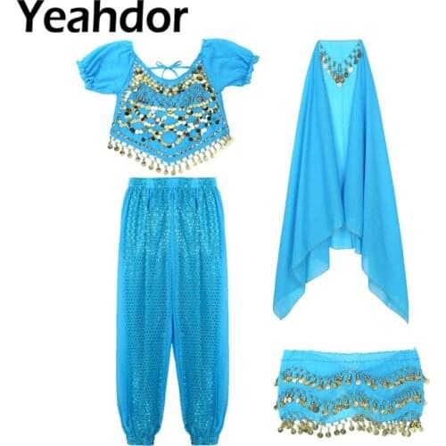 Womens India Dance Outfit Short Lanterns Sleeves Coins Top Harem Pants Hip Scarf Head Scarf Carnival Belly Dance Costumes Set