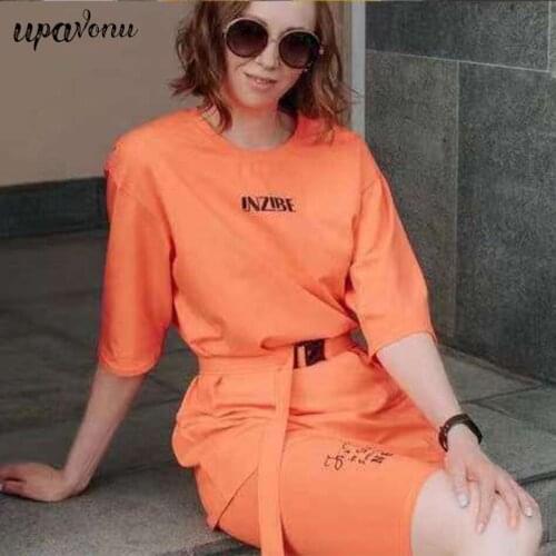 Free Shipping 2021 New Women Pure Color Casual Set Round Neck Short Sleeve Long Turtleneck Letter T-shirt & Shorts Two-piece Set