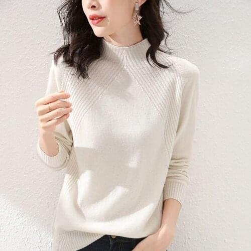 Ladies Pullover 2021 Fall/Winter New 100% Wool Sweater Casual Pure Color Cashmere Knit Sweater Half Turtleneck Womens Top hot
