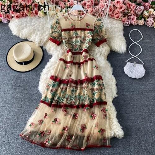 Women Dress 2021 Summer Autumn Vintage Elegant Mesh Embroidery Short Puff Sleeve Midi Long Flower Embroidered Lace Vestidos