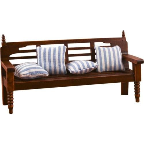 1/12 mini doll house wooden crafts miniature props retro multi-person chair model with pillow for DIY doll Accessories