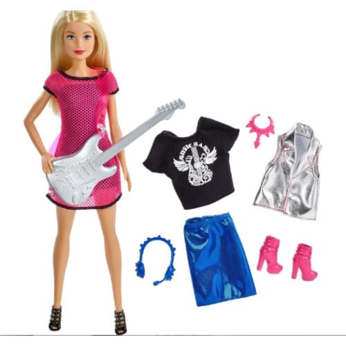Barbie Rock star Bebek - Gitar Çalan Barbi - Yedek Kıyafetli Barbie - Şarkıcı Barbie