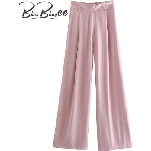 BlingBlingee OL Style Pink Loose Suit Pants Summer Folds Front High Waist Women Casual Trousers Female Office Lady Career Pants